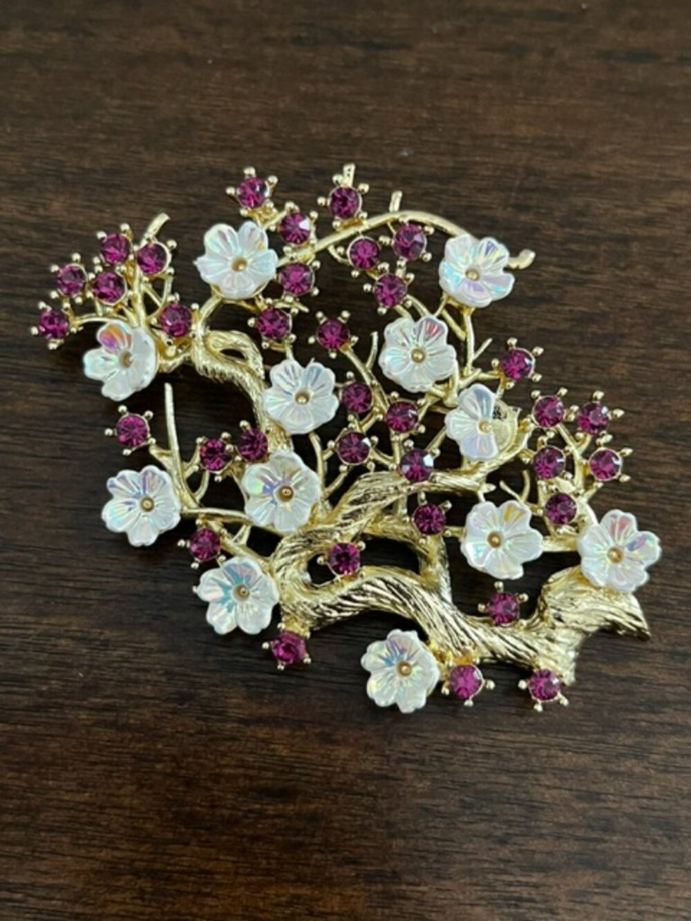 Cherry Blossom Brooch Rhinestones Gold Tone Setting NWOT - Picture 4 of 5